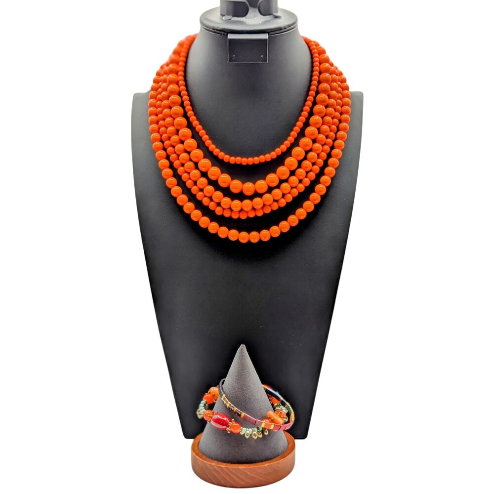 Five Strand Orange Acrylic Beaded Necklace and Three Stretch Bracelet Mixed Lot